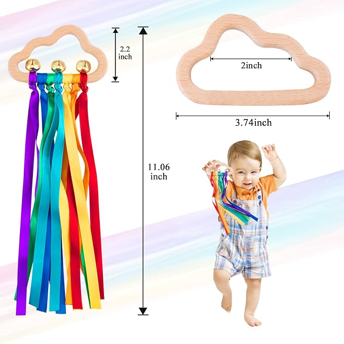 Baby Sensory Wooden Rattle Toys with Rainbow Ribbon - 2PCS | Montessori Wood Rattles Ring Bells Toy with Pull String for Baby 0-12 Months as Newborn Infant Toddler Boy Girl Shower Gifts
