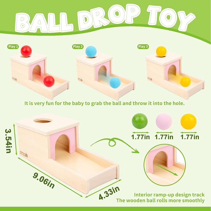 Adena Montessori Object Permanence Box with Tray Three Balls Montessori Toys for 6-12 Months Baby 1 Year Old Infant Toddler Wooden Pink Door for Girl