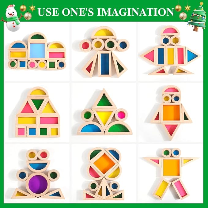 Wooden Montessori Building Blocks w/Acrylic Windows, 32pc, 18M+ | Color-mixing light play; 9 shapes, 7 colors; smooth beechwood frames; screen-free STEM learning