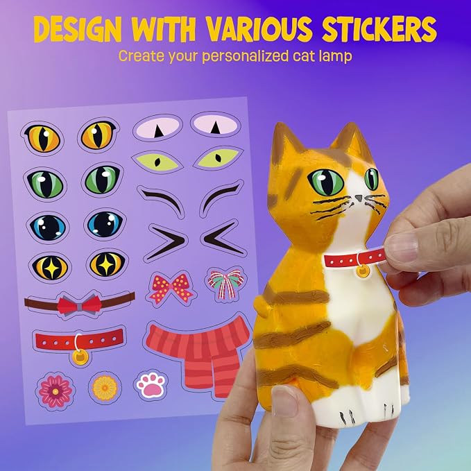 Paint Your Own Cat Lamp Kit, Crafts for Kids Ages 6-12, Gifts for Girls Boy | Cat painting kit with paints and 3D night light; arts and crafts activity, room decor and birthday gifts for kids ages 6-12