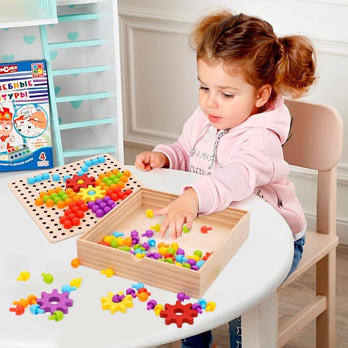 Button Art Toy for Toddlers Wooden Mosaic Pegboard Toy Color Matching Toy Fine Motor Skill with Box 180 Buttons 10 Pictures Montessori Early Development Toy for Toddlers Boys Girls 1 2 3 4 5 6
