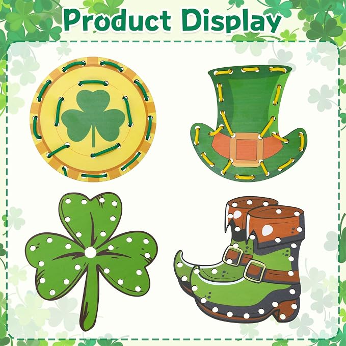 JULEASEL Lucky Lacing Cards Wooden Crafts Fine Motor Skills | Fun shamrock and holiday themed designs perfect for St. Patrick’s Day craft and classroom activities.