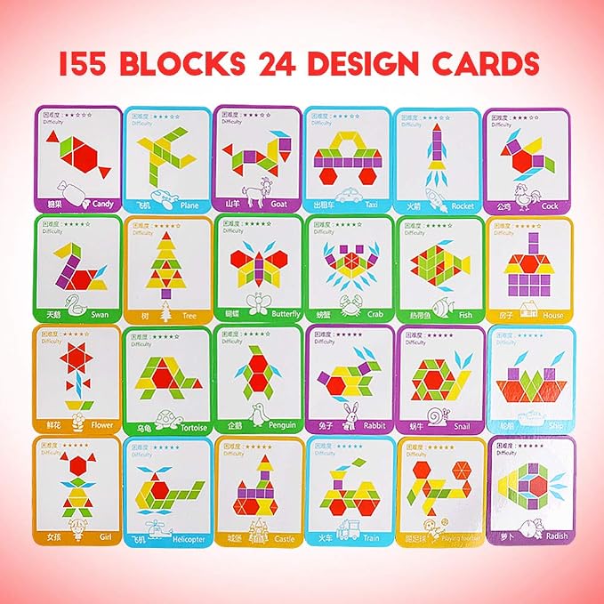 JCREN Wooden Pattern Blocks Geometric Tangram Shape Puzzle 155Pcs | Montessori Toy with Activity Cards and Storage Bag Classic STEM Learning Toys Educational Gift for Kindergarten Kids