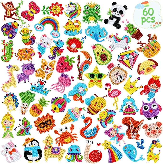 60pcs 5D Diamond Art Stickers Arts and Crafts Kits for Kids Ages 4-8 8-12 | Creative Gem Art Paint by Number Kits for Kids Boys Girls DIY Mosaic Stickers Toys for Birthday Party Halloween Xmas Gifts