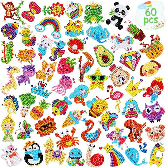 60pcs 5D Diamond Art Stickers Arts and Crafts Kits for Kids Ages 4-8 8-12 | Creative Gem Art Paint by Number Kits for Kids Boys Girls DIY Mosaic Stickers Toys for Birthday Party Halloween Xmas Gifts
