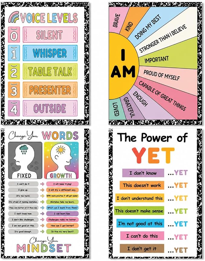 Growth Mindset Posters for Classroom, Set of 4 Large 11x17 Growth Mindset Classroom Decor, Voice Levels Poster, Change Your Words, Power of Yet & Positive Affirmation Mindset Poster