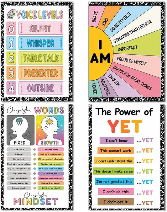 Growth Mindset Posters for Classroom, Set of 4 Large 11x17 Growth Mindset Classroom Decor, Voice Levels Poster, Change Your Words, Power of Yet & Positive Affirmation Mindset Poster