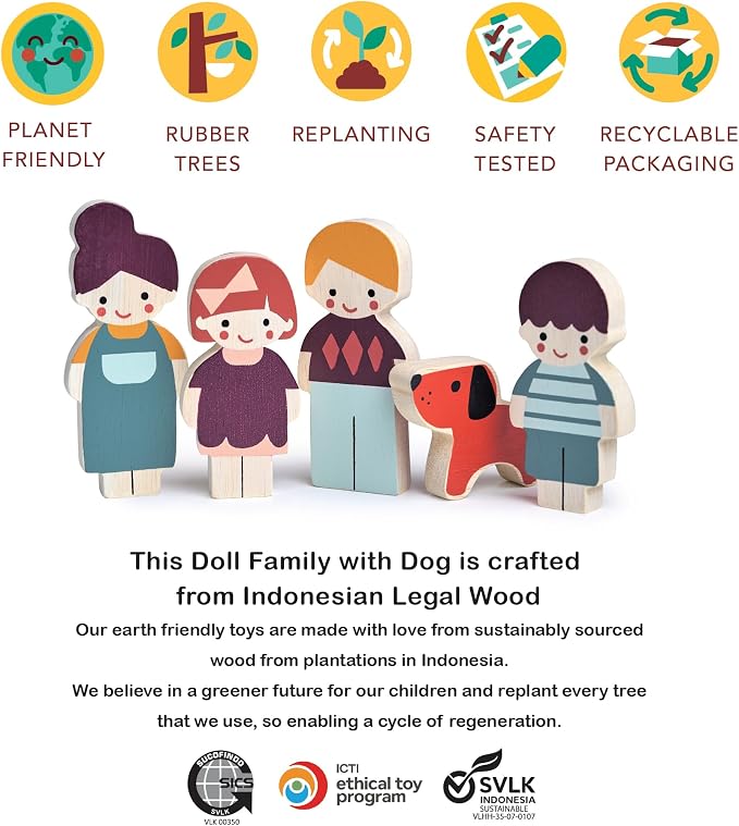 Mentari Toys - Doll Family with Dog - 5pc Solid Wood Doll Set with Playful Pup - Perfectly Sized for Pockets and Little Hands - Encourages Imaginative Play and Social Skills - Age 12m+