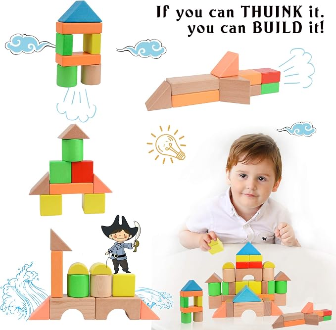 Migargle Large Wooden Building Blocks Set - Educational Preschool Stacking Toys with Storage Bag, Toddler Gifts for Boys Girls Ages 3+