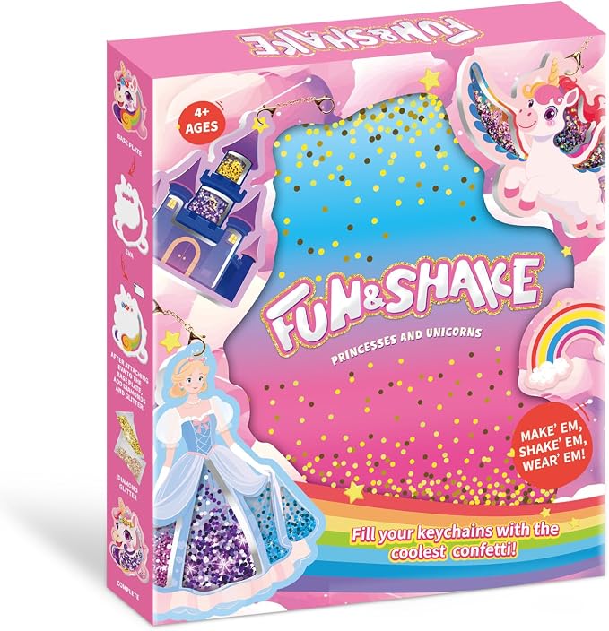 DIY Glitter Craft Kit with Keychains - Mess-Free Arts and Crafts for Kids Ages 4-8, Fun Shake-It Activity, Creative Travel Toys, Party Favors & Birthday Gifts for Girls 4-9