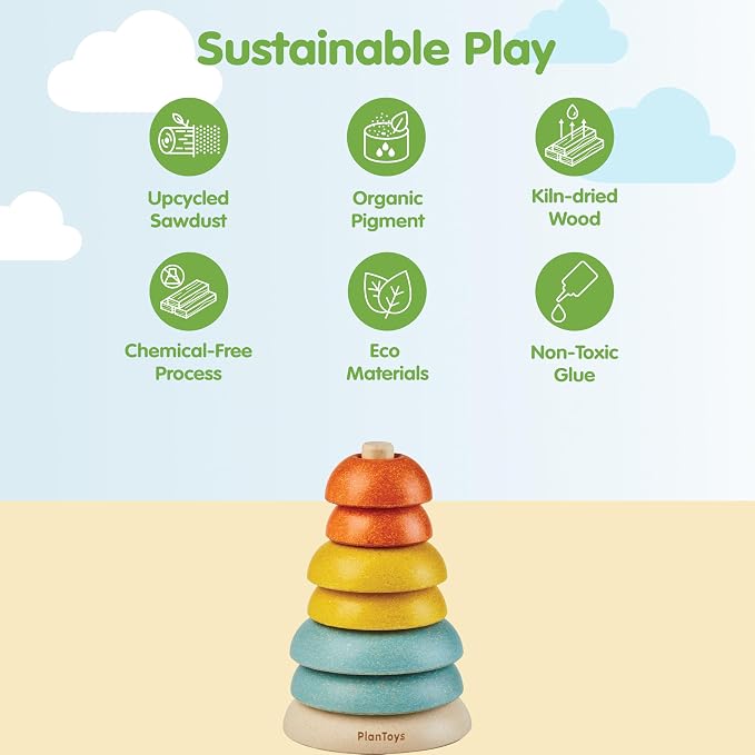 PlanToys® Stacking Cups Ring Wooden Montessori Size Colour Sorting Kids Toy | stacking cups ring, wooden montessori size colour sorting, fine motor early math coordination, educational activity, toddlers