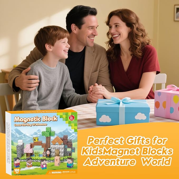 100pcs Magnetic Building Blocks,Magnetic Cubes STEM Sensory Toy for Ages 3+ | Magnet Tiles with 3D Adventure World Theme,,Girl Boys Gifts,Sensory School Classroom Learning,Parent-child Collaboration