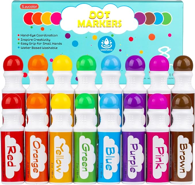 Soucolor 16-Pack Washable Dot Markers for Kids & Toddlers,8 Vibrant Colors | Bingo Daubers,Preschool Arts & Crafts, Classroom Supplies, Paint Dabbers for Creative Fun,Painting Supplies Drawing Non-Toxic