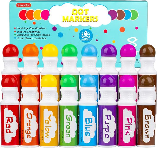Soucolor 16-Pack Washable Dot Markers for Kids & Toddlers,8 Vibrant Colors | Bingo Daubers,Preschool Arts & Crafts, Classroom Supplies, Paint Dabbers for Creative Fun,Painting Supplies Drawing Non-Toxic