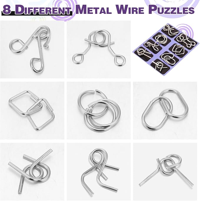 Metal Wire Puzzle Set of 8 with Pouch, Brain Teaser Puzzles IQ Test Ring Disentanglement Unlock Interlock Game Trick Metal for Party Favor Challenge(D Style)