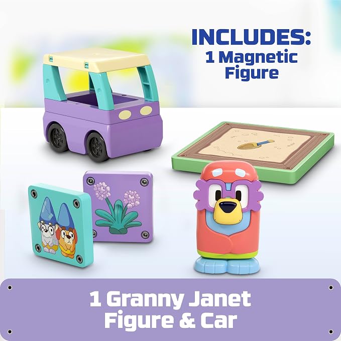 Tile Town Bluey Granny Janet 6-Piece Magnetic Tile Playset, Interactive STEM Magnetic Tiles Toys, Includes Bluey & Bingo Figures, Action Tiles