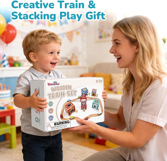 Wooden Train Set for Kids, Wood Train Tracks Complete Town Railway Playset | Train Set for Kids 3-7 with Matching Figures, Vehicles, Stacking and Nesting Blocks, Sorting & Stacking Toys for Boys Girls