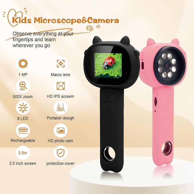 Microscope for Kids 500x Magnification,4X Zoom Mini Pocket Handheld Microscope with 2.0" Screen for Toddlers-STEM Educational Science Kit Toddler for Boys Girls Aged 3-12(Black)