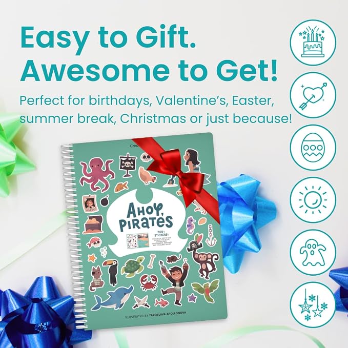 Cupkin Pirate Coloring & Sticker Activity Book | 300+ Stickers | Spiral-bound kids craft format with 8 scenes, 8 art pages, side-by-side viewing, and an easy-peel design for ages 2–8