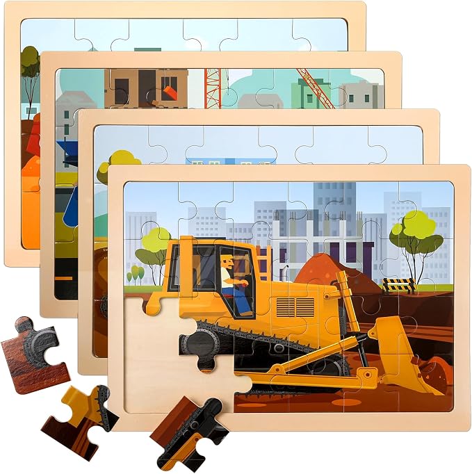 4-Pack Wooden Puzzles for Kids Ages 3-5, 24-Piece Construction Vehicle Set | Toddler Puzzles Ages 3-5, Preschool Puzzles with Wooden Jigsaw Boards for Fine Motor Skills, Shape Recognition and Travel