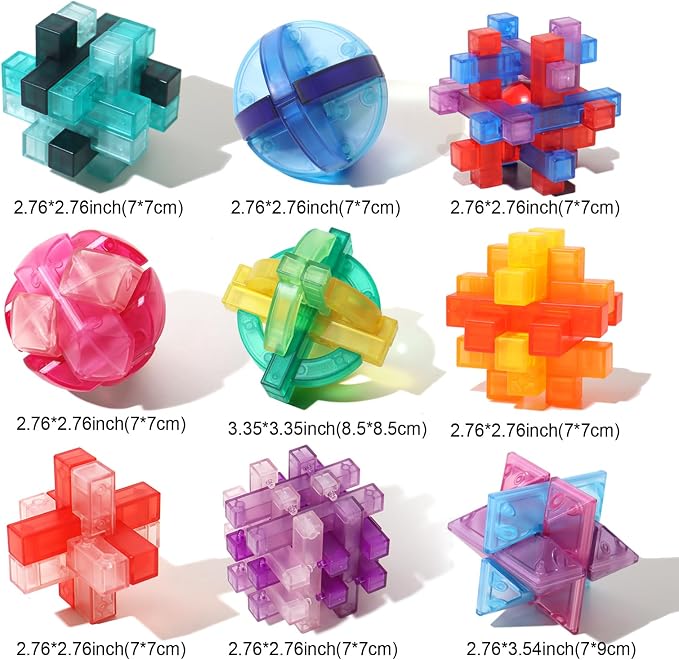 9 PCS Colorful Translucent ABS Luban Lock Set, Brain Teaser Puzzles for Kids Teens Adults, Interlocking Disentanglement Mind Puzzles, Montessori STEM Educational Toys