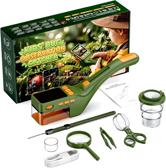 Kids Digital Bug Microscope, 500X Handheld Microscope with 8 Adjustable LED Lights, Photo Video Capture, Type-C PC Sync, Portable STEM Nature Observation Kit