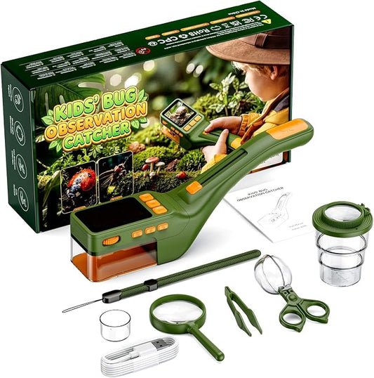 Kids Digital Bug Microscope, 500X Handheld Microscope with 8 Adjustable LED Lights, Photo Video Capture, Type-C PC Sync, Portable STEM Nature Observation Kit