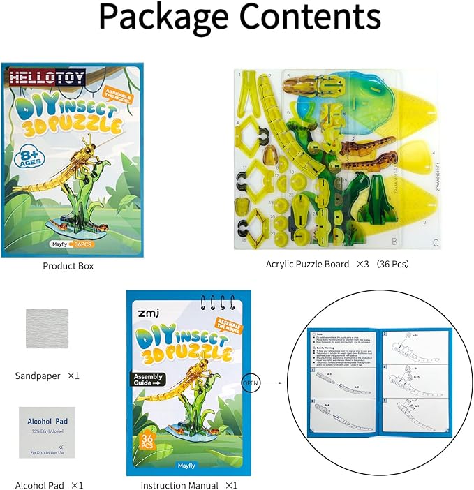 3D Acrylic Insect Puzzle DIY Bug Model Kit Animal STEM Gift | Building Kits Crafts Figurine Sculpture Nature Decoration Educational Display Toys for Kids Teens and Adults (Mayfly)