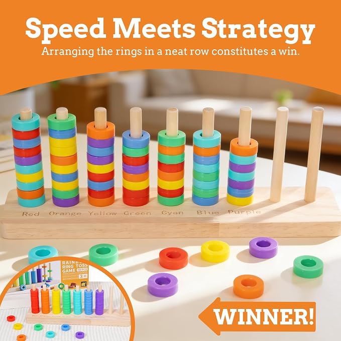 Color Stack Challenge Game, Sorting & Stacking Toys for Toddlers | Wooden Rainbow Rings Game for Color Recognition and Sensory Learning, Montessori Educational Gift for Kids Ages 3 and Up