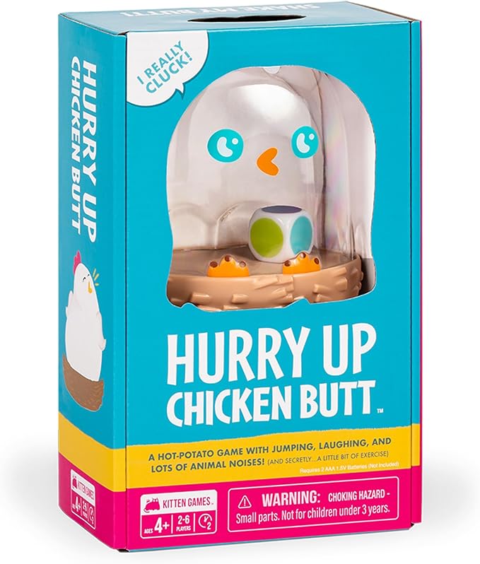 Exploding Kittens Hurry Up Chicken Butt, 2-6 Players, Age 4+ Kids Game | Get the wiggles out with our best‐selling kids game! Jump, laugh, make animal noises, and don’t get stuck with the chicken.