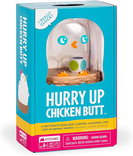 Exploding Kittens Hurry Up Chicken Butt, 2-6 Players, Age 4+ Kids Game | Get the wiggles out with our best‐selling kids game! Jump, laugh, make animal noises, and don’t get stuck with the chicken.