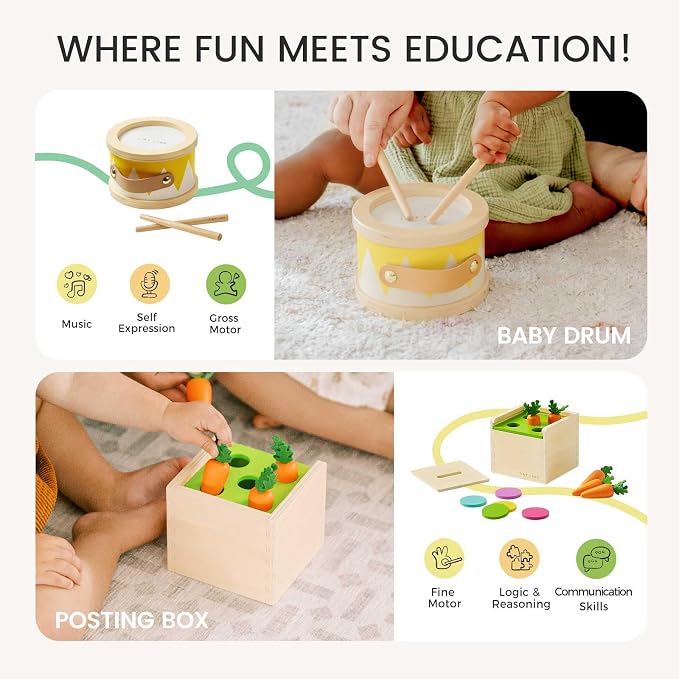 Tiny Land Montessori Baby Toy Set 13-15 Months 7 in 1 Explorer Play Kit | Baby drum, carrot harvesting, coin boxes, stacking plate, color matching, size puzzle, color board book, fine motor play gift