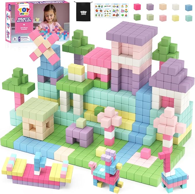 TOY Life Pastel Magnetic Blocks, 104-Piece STEM Set, Ages 3-8 | 10 soft colors, smooth ABS cubes, open-ended construction, group play, birthday gift