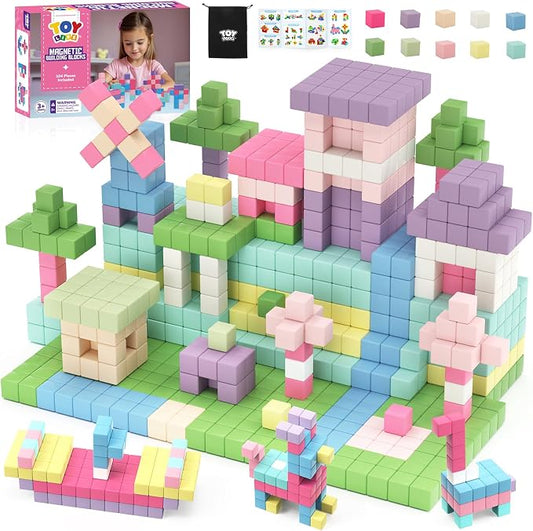 TOY Life Pastel Magnetic Blocks, 104-Piece STEM Set, Ages 3-8 | 10 soft colors, smooth ABS cubes, open-ended construction, group play, birthday gift