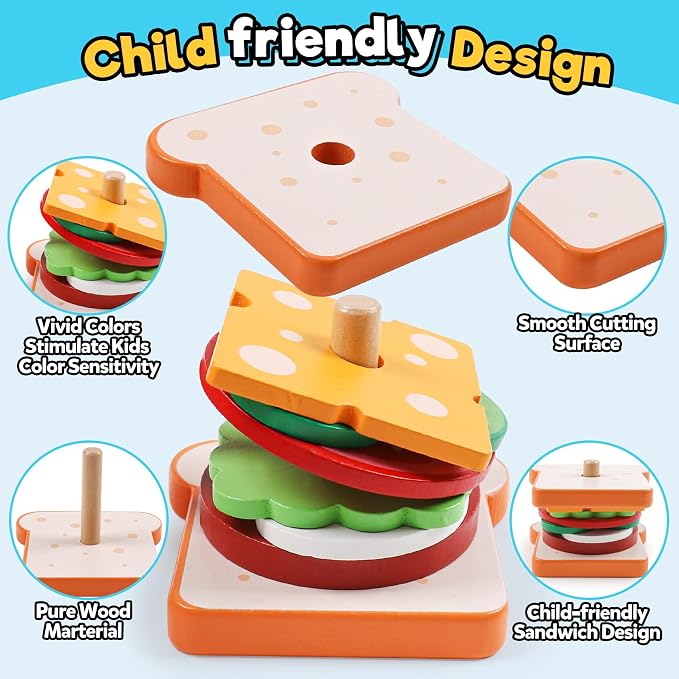 Wooden Sandwich Sorting Stacking Toys Play Food Set for Toddlers Preschool Educational Montessori Toys Fine Motor Toy for Kids Boys Girls