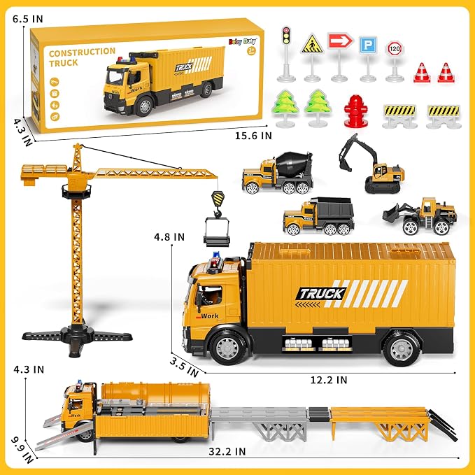 Carrier Truck Race Track Boy Toddlers Toys, Truck Toys for Toddlers 3-5 5-7, Toy Transport Car with Tower Crane Light & Sound, Excavators Cars Gifts for Age 3 4 5 6 7 Years Old Boys Girls