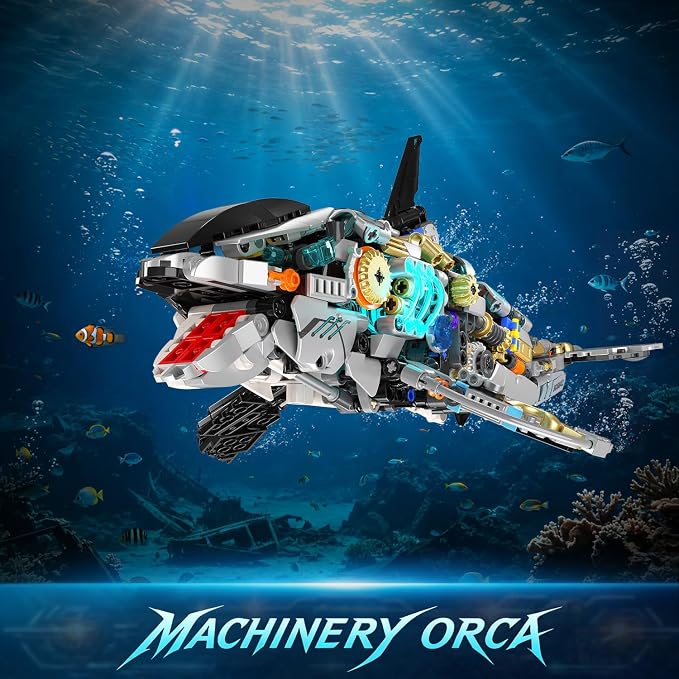 INSOON Mechanical Orca Building Set STEM Toy with LED Light for Boys 12+ | Interactive Whale Building Block with Crank Mechanism, Ocean Animal Model Christmas Birthday Gift for Teens Adults(1005 PCS)