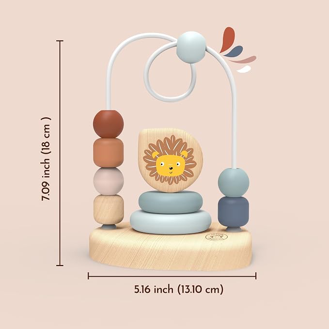 Lion Bead Maze, Colorful Wire Frame Toy with 7 Soft Beads, Promotes Dexterity, Hand-Eye Coordination & Color Recognition, Non-Toxic Paint, Ideal for Kids 1-3 Years | 7 sliding beads, wire frame, lion theme, wooden bead maze, montessori toys, preschool ...