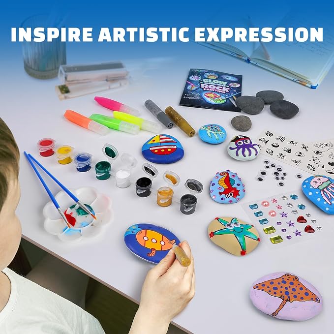 EPUMP Rock Painting Kit for Kids - Glow in The Dark Arts and Crafts Supplies Kits for Girls Boys - Kids Activities Creative Art Set Birthday Gifts DIY Paint Toys for Age 6 7 8 9 10 11 12 Years Old
