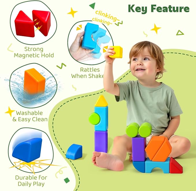 Pairez Toys Magnetic Blocks, Large Building Blocks for Toddlers 1-3 | 14 PCS Blocks, 7 Colors & 8 Shapes, 3D Stacking, Montessori Sensory Magnet Toy, Parent-Child Bonding, Toddler Travel Toys