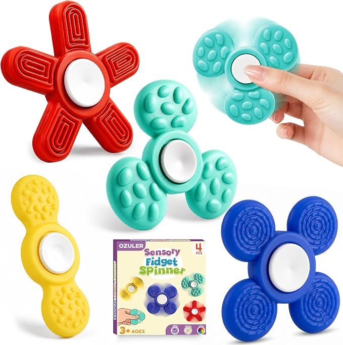 Silicone Sensory Fidget Spinner for Kids and Adults, Quiet Textured Fidget Toys with Soft Silicone Surface, Sensory Toys 4 Pack, Calm Focus Toy for Classroom, Office and Travel