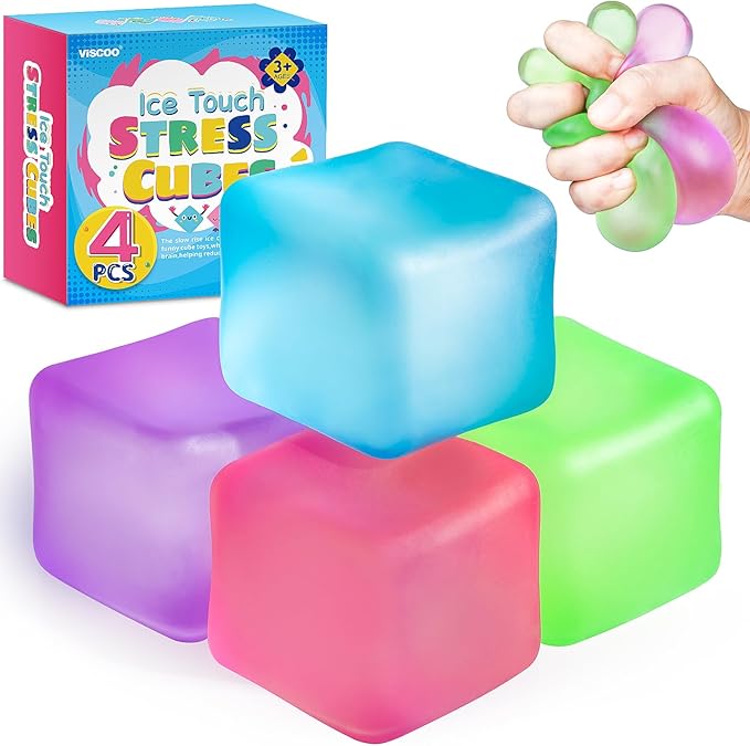 VISCOO 4 Pack Stress Cube,Slow Rising Cube Stress Balls for Adults Kids | Sensory Fidget Toy for Anxiety Relief, Square Shape Cube Squishy for Classroom Prizes, Squishy Balls for Party Favors