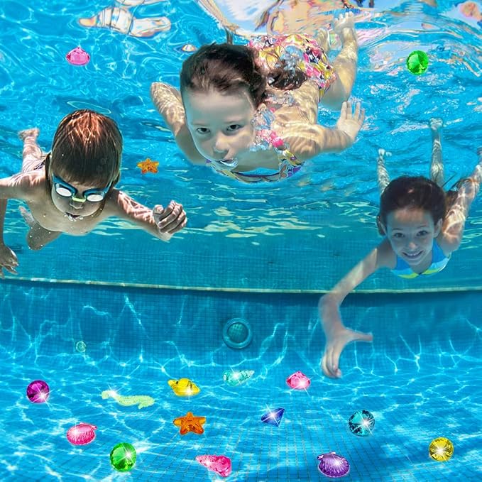 60pcs Diving Gems Pool Toys, Colorful Acrylic Diamond Pirate Treasure | Mermaid Pool Play Set with Mesh Bag, Underwater Gem Diving Toys and Ocean Sensory Bin Filler
