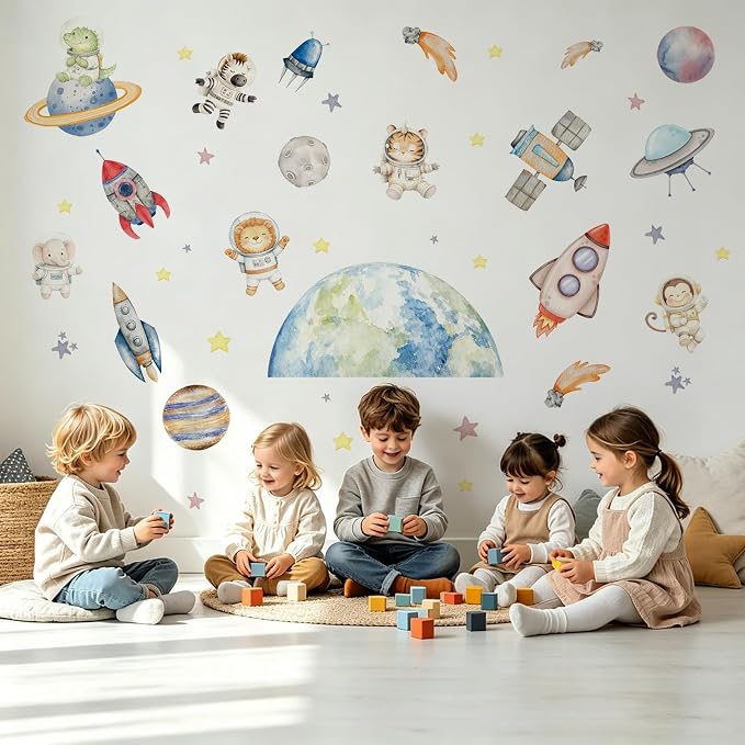 LHIUEM Space Animal Astronaut Wall Decals 39"X12" Cute Outer Space Peel and Stick Wall Stickers Planet Rocket Bulletin Board Decor Removable Self Adhesive Educational for Kids Bedroom Nursery