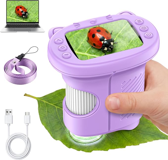 Alotwan Kids Handheld Microscope, 1000X Digital Pocket Microscope for 3-12 | 2.4" Large Screen, HD Camera/Video, Outdoor Toys, STEM Science Kit, Birthday Gifts for Boys & Girls 3-12, Christmas Gift