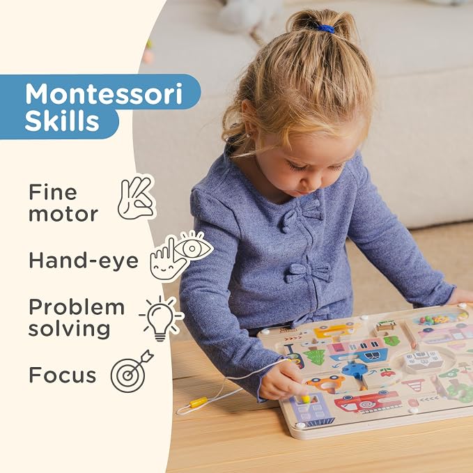 Nene Toys Magnetic Maze Board – Toddler Travel Toy 2+ – Montessori Busy Board Alternative – Bead Maze Puzzle with Tethered Stylus – Quiet Car/Plane Activity – Fine Motor Skills, Hand-Eye Coordination