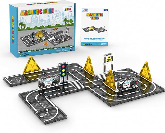 AFUNX Magnetic Tiles Road Set, STEM Building Blocks for Kids 3+ | Magnetic Road Tiles with Police Cars, Traffic Signs And Lights, STEM Building , Compatible with Other Tiles, Gift for Kids