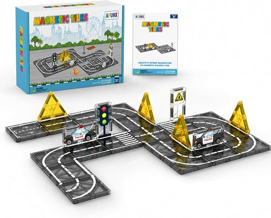 AFUNX Magnetic Tiles Road Set, STEM Building Blocks for Kids 3+ | Magnetic Road Tiles with Police Cars, Traffic Signs And Lights, STEM Building , Compatible with Other Tiles, Gift for Kids