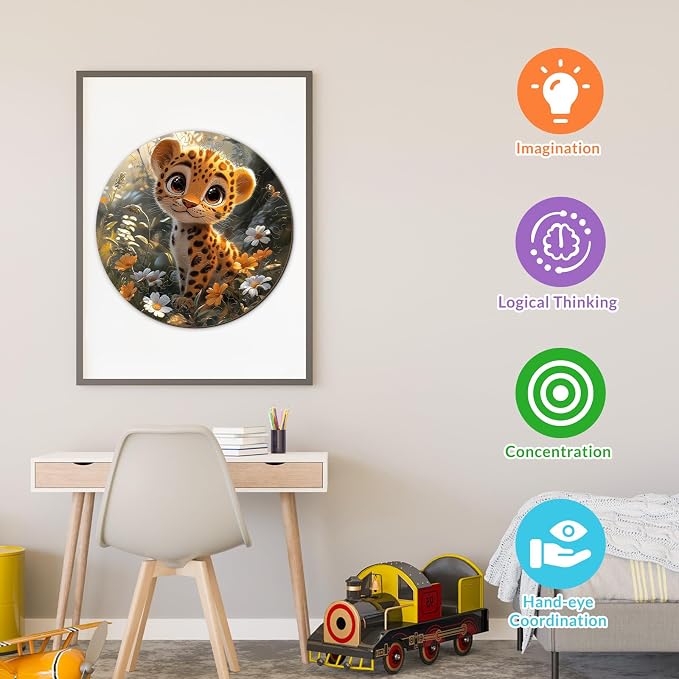 Animal Wooden Puzzles for Kids - Cute Cheetah | 50 Piece Puzzles for Kids Ages 6-8, Kids Puzzles with Unique Animal Shapes, Round Gift for Girls and Boys (11.4 * 11.4 in)