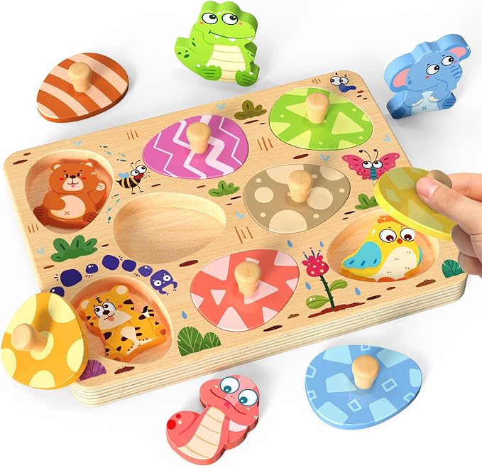 Zeoddler Wooden Puzzles for Toddlers, 8 Pcs Animal Matching Egg Puzzle, Montessori Toys for Boy Girl Easter Birthday Gifts, Preschool Learning Activities & Educational Toys for Boys, Girls